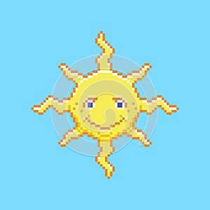 Simple flat pixel art illustration of cartoon smiling sun looking down