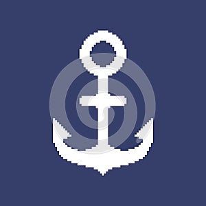 Simple flat pixel art illustration of cartoon white ship anchor on dark blue background