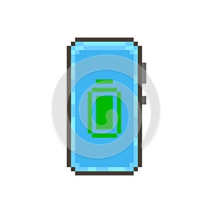 Simple flat pixel art illustration of modern smartphone with a green fully charged battery icon on the display