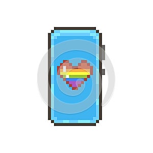 Simple flat pixel art illustration of modern smartphone with lgbt rainbow flaf in shape of love heart on the screen