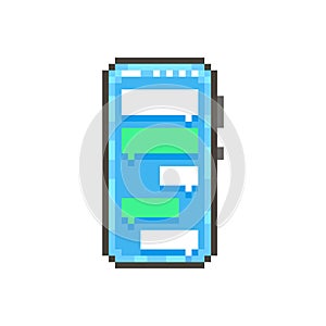Simple flat pixel art illustration of modern smartphone with messager text boxes on display photo