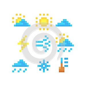 Simple flat pixel art illustration of set of cartoon icons of different weather conditions