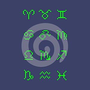 Simple flat pixel art illustration of set of neon green zodiac signs icons