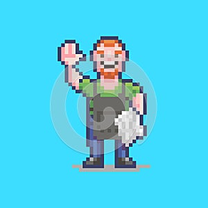 Simple flat pixel art illustration of smiling worker in an apron with a white towel on his hand