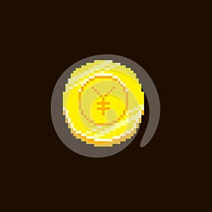 Simple flat pixel art vector illustration of gold coin with yen symbol