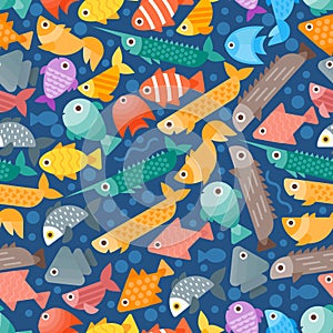 Simple flat style fish seamless pattern, vector illustration. Background with abstract colorful sea creatures, aquarium