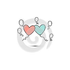 Simple flat style icon of beautiful two balloons in the form of hearts for the feast of love on Valentine`s Day or March