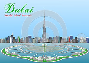 Simple flat-style illustration of Dubai city in United Arab Emirates and its landmarks.  Famous buildings included such as Burj Kh