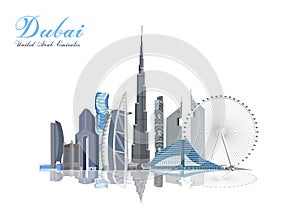 Simple flat-style illustration of Dubai city in United Arab Emirates and its landmarks. Famous buildings included such as Burj Kh