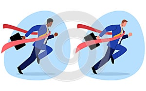 Simple flat vector illustration of businessmen crossing finish line