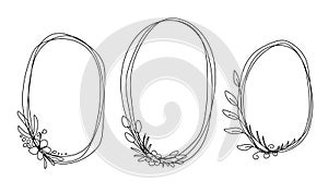 Simple floral oval vector frames in doodle style. Twigs, leaves, flowers, black outline on a white background with an empty space.