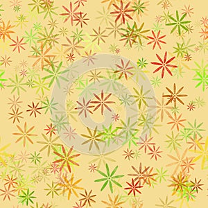 Simple floral seamless fabric and paper pattern Small muted yellow red orange brown layered flowers on a light-yellow background