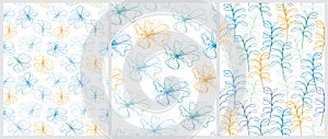 Simple Floral Seamless Vector Patterns Set. Blue and Yellow Hand Drawn Flowers and Twigs.