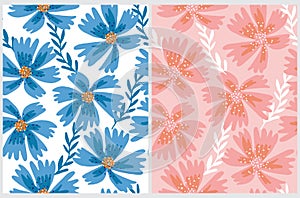 Simple Floral Seamless Vector Patterns Set with Blueand Pink Flowers.