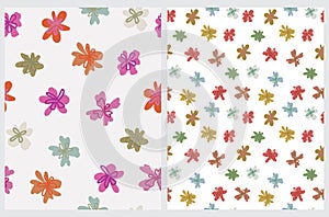 Simple Floral Seamless Vector Patterns Set with Red, Pink, Green and Yellow Hand Drawn Flowers.