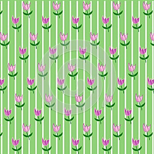 A simple floral texture of pastel color: pink tulips with a green stem and leaves on a gentle green background in a white strip.
