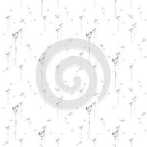 Simple floral vector seamless pattern. Hand drawn abstract meadow purple flowers on white background.