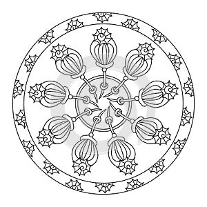 Simple flower mandala, coloring page for older children and adults. Vector illustration