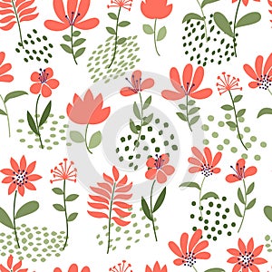 Simple flower pattern. Seamless cute floral and dots background. Vector illustration. Template for fashion prints.