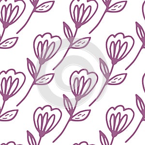 SImple flower seamless pattern in doodle style on white background. Cute floral endless wallpaper