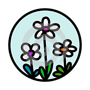 Simple flowers icon logotype in cartoon doodle style