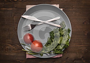 Simple food, tomatoes, parsley and penne pasta on a gray plate, lined on a wooden background, top view