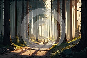 simple forest panorama, with a single path and light shining through the trees