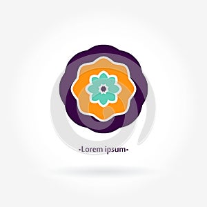 Simple geometric mandala logo. Bright juicy abstract flower logotype. Business.