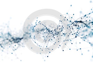 Simple geometric pattern of blue dots and lines on a white surface