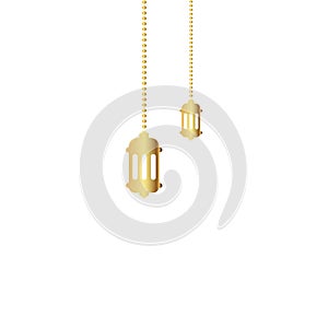 Simple gold golden color hanging Arabic traditional Ramadan Kareem lantern. Eid Fitr or Adha Mubarak lamp Greeting Banner card