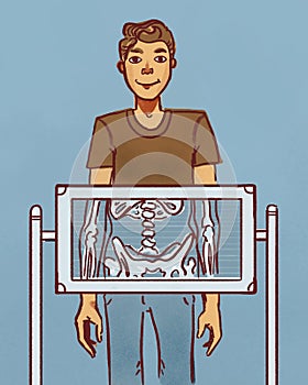 Simple graphic cartoon illustration of a man getting an x-ray of his abdomen - digital drawing