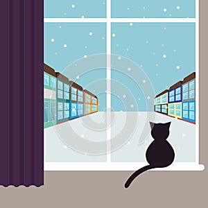 Simple graphic illustration with black cat sitting on the window and watching on the snowing city street