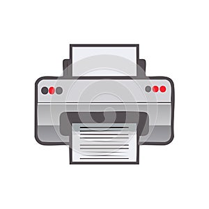 Simple graphic illustration of a modern office printer actively printing documents, flat design technology concept