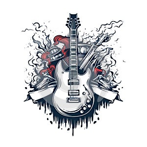 Simple graphic logo of color styled guitar on white background.