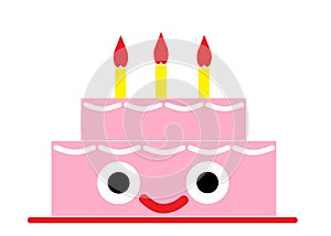 A simple graphical representation of a two tier pink rose birthday cake with three candles and a cute face white backdrop