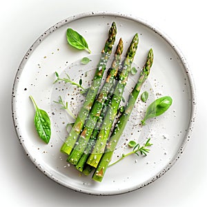 Simple green asparagus salad on a flat ceramic plate, garnished with sea salt,and basil leaves. Generative AI