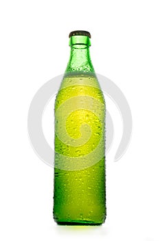 Simple green beer bottle with water drops