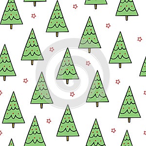 Simple green christmas trees with red stars on white background. Seamless, repeat christmas holiday pattern. For wrapping.