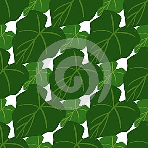 Simple green leaves seamless pattern on black background. Foliage wallpaper in flat style