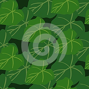 Simple green leaves seamless pattern on black background. Foliage wallpaper in flat style