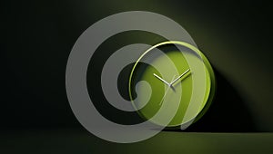 A simple green neon clock on a dark background. Generative AI.