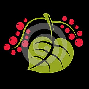 Simple green vector tree leaf with red seeds, stylized nature element. Ecology symbol, can be used in graphic design. Summer or s