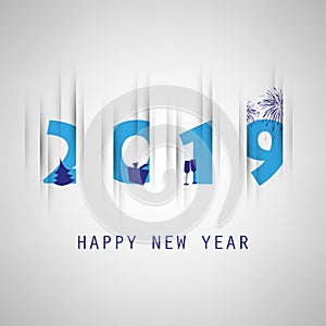Simple Grey and Blue New Year Card, Cover or Background Design Template With Christmas Tree, Gift Box, Drinking Glasses - 2019