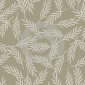 Simple grey random leaf twigs seamless doodle pattern in hand drawn style. Beige background