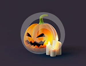 Simple halloween cartoon pumpkin with candles 3d render illustartion.