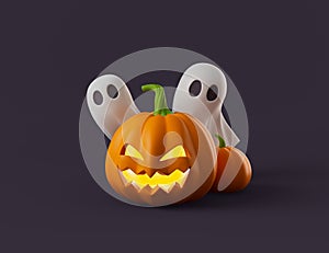 Simple halloween cartoon pumpkin jack with ghosts 3d render illustartion.