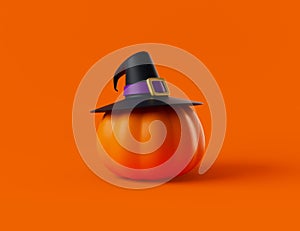 Simple halloween cartoon pumpkin in witch's hat 3d render illustartion.
