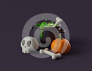 Simple halloween cartoon witches boiling cauldron with pumpkin and skull 3d render illustartion.
