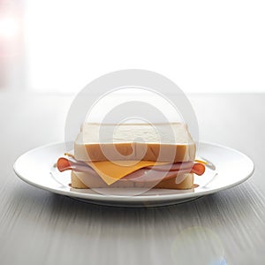 Simple ham and cheese sandwich on white bread on plate