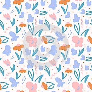 Simple hand drawn abstract flowers. Vector seamless pattern. Illustration in pastel pink and blue colors. Trendy modern design